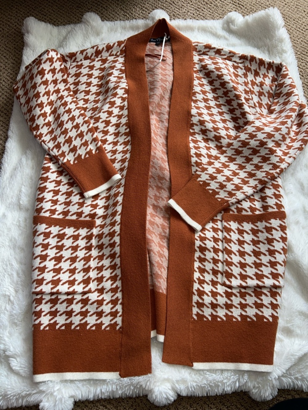 NWOT Rust colored  Houndstooth Open-Front Knit Cardigan Sweater size Small